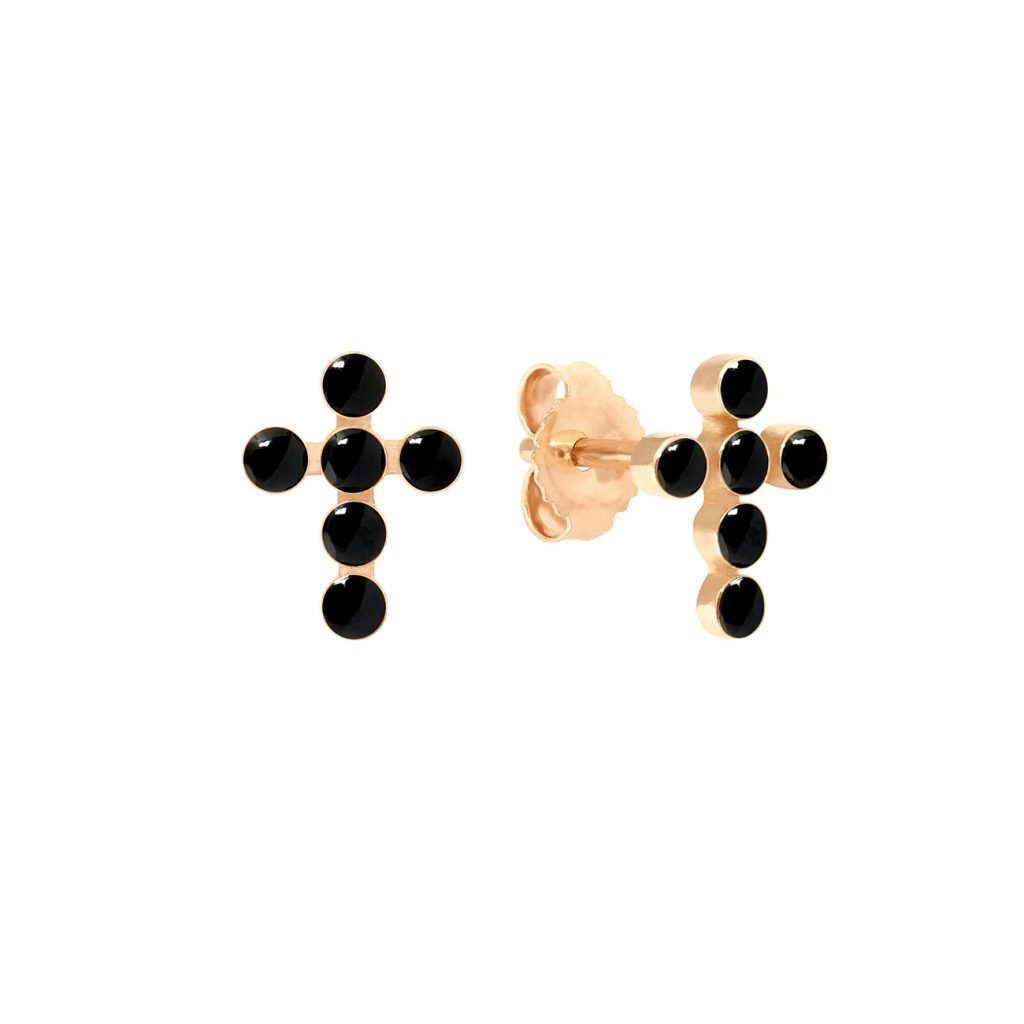 boucles d'oreilles noire croix perlée, or rose