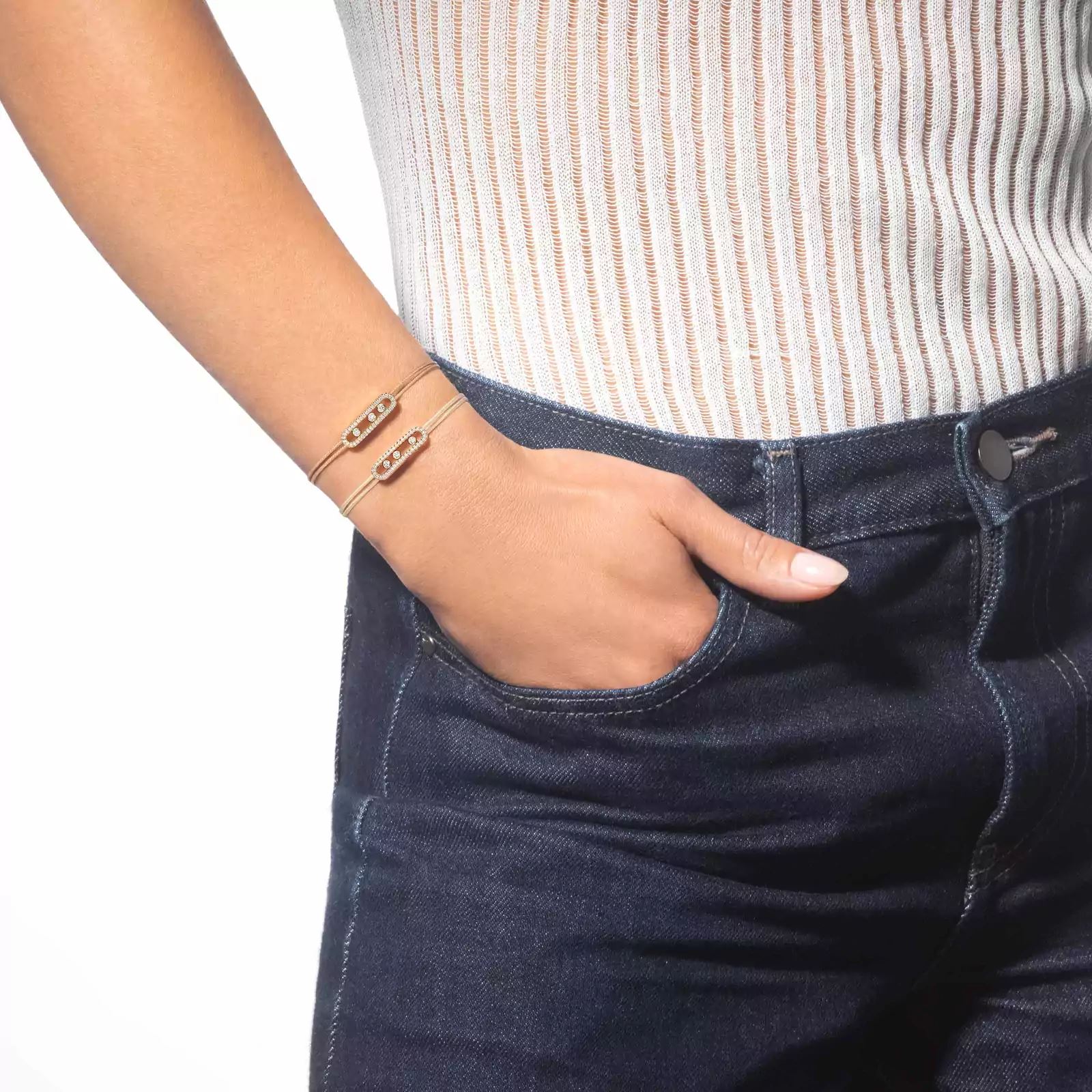 bracelet care(s) pavé cordon crème, or rose