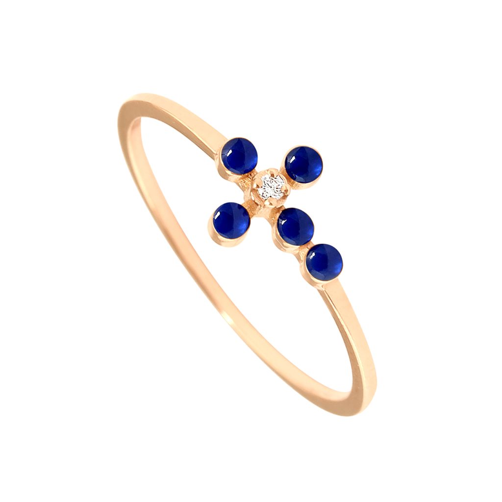 bague prusse croix perlée, diamant, or rose, t 54