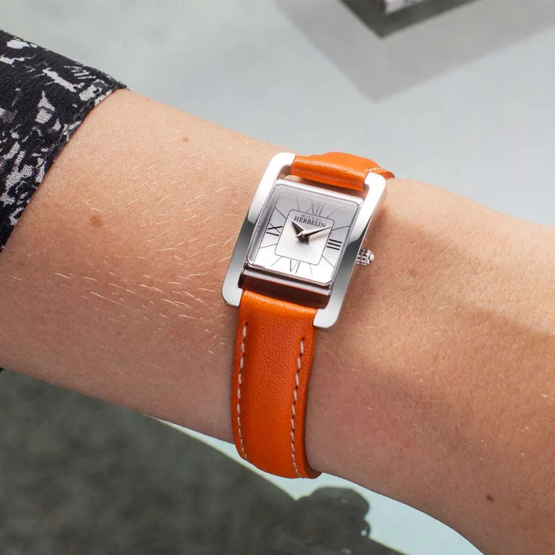 montre ve avenue, acier & cuir orange