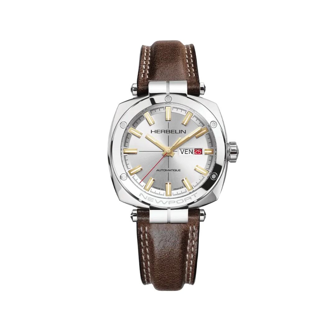 montre newport hÉritage, acier & cuir brun