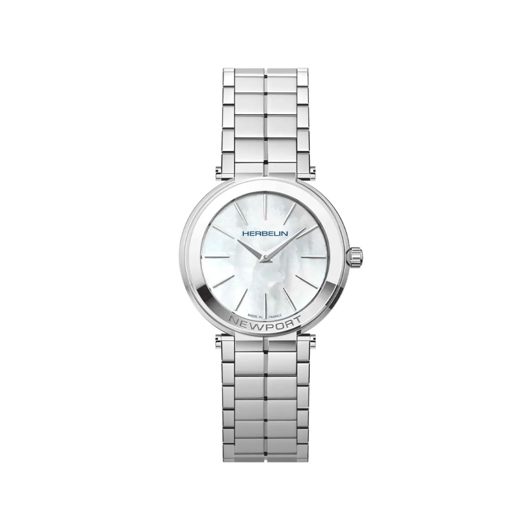 montre newport slim, acier & nacre blanche