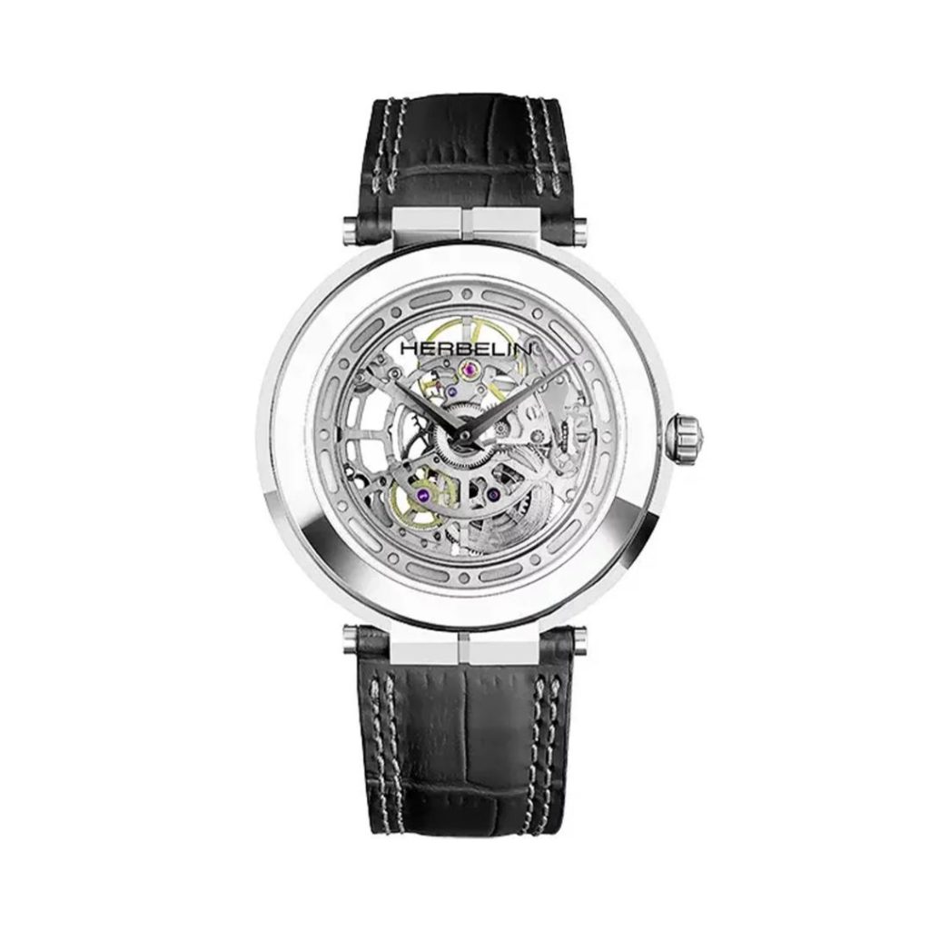 montre newport slim skeleton, cuir noir
