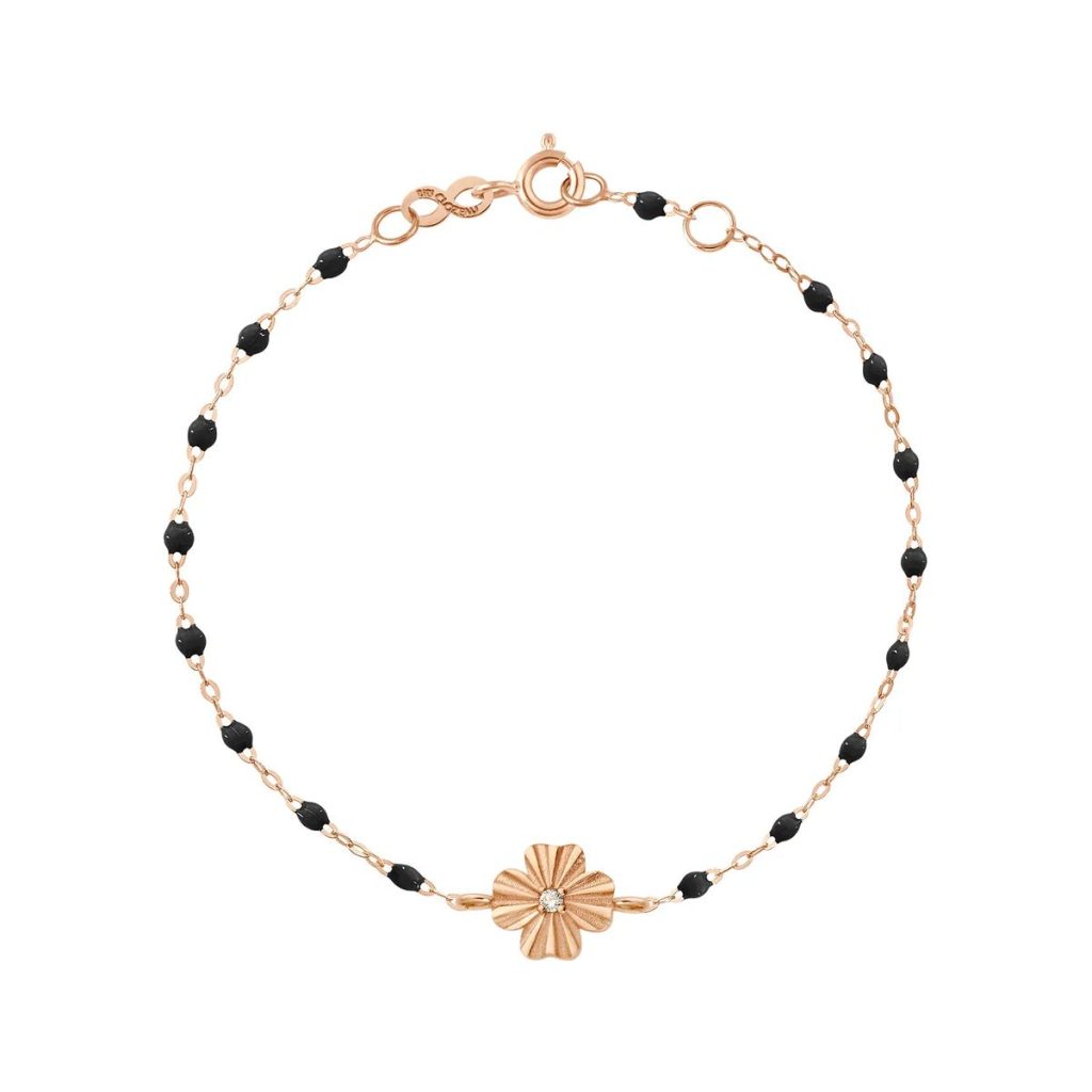 bracelet noir trèfle lumière, diamant, or rose, 17 cm