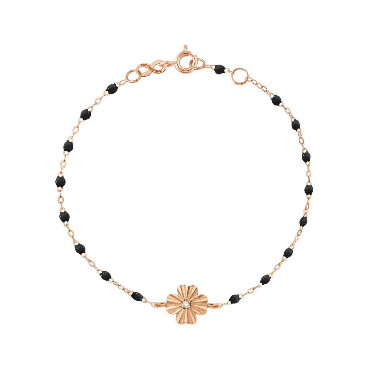 bracelet noir trèfle lumière, diamant, or rose, 17 cm