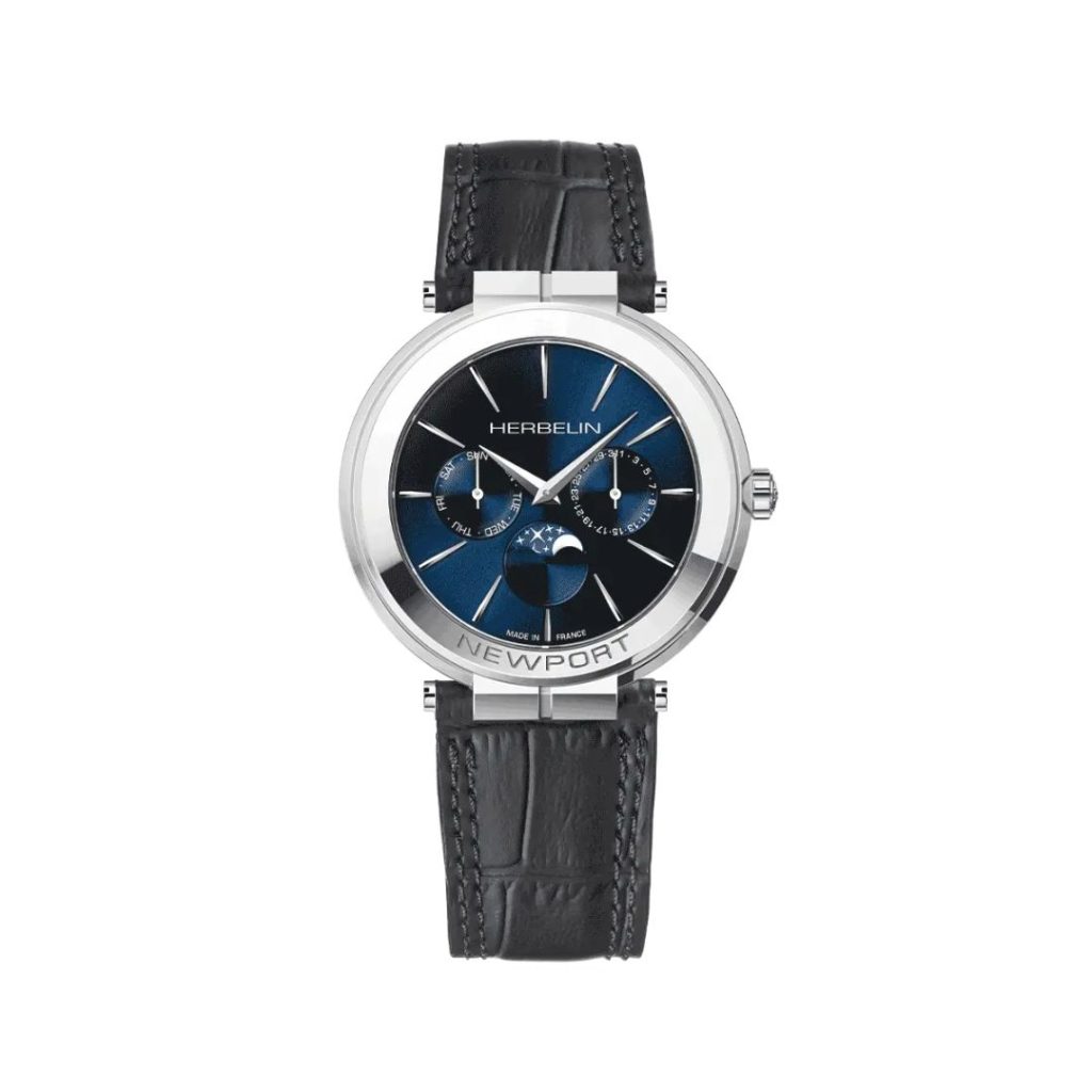 montre newport slim phase de lune, acier & cuir