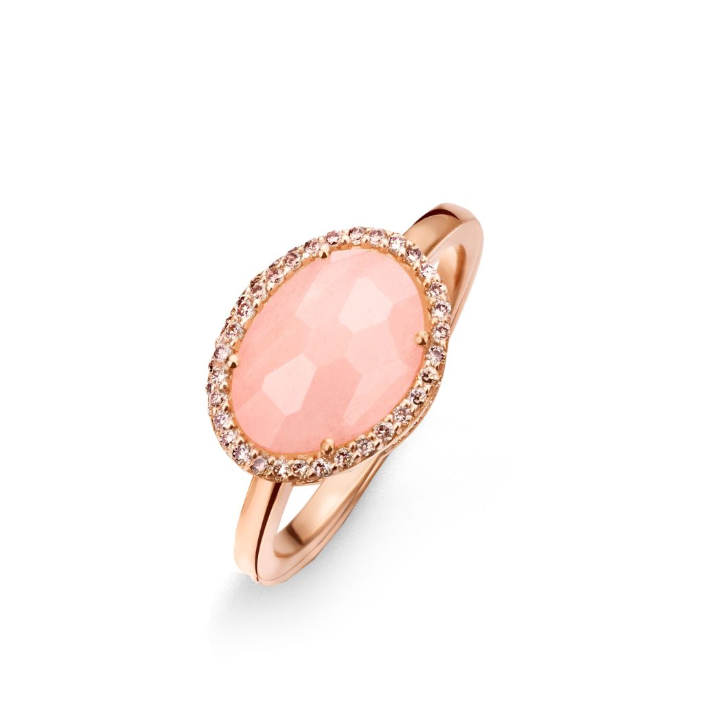 bague stromboli aventurine rose, diamants bruns, or rose