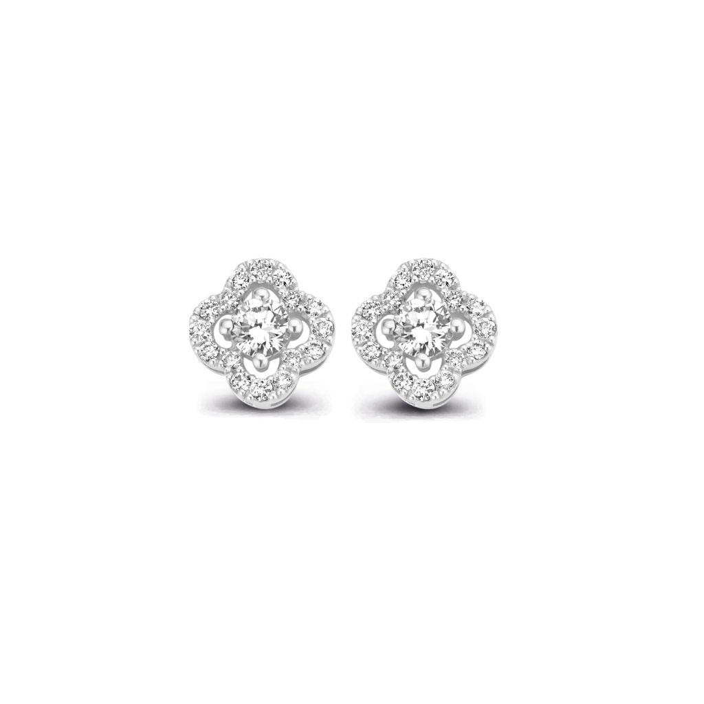 puces d'oreilles trèfle diamants, or blanc