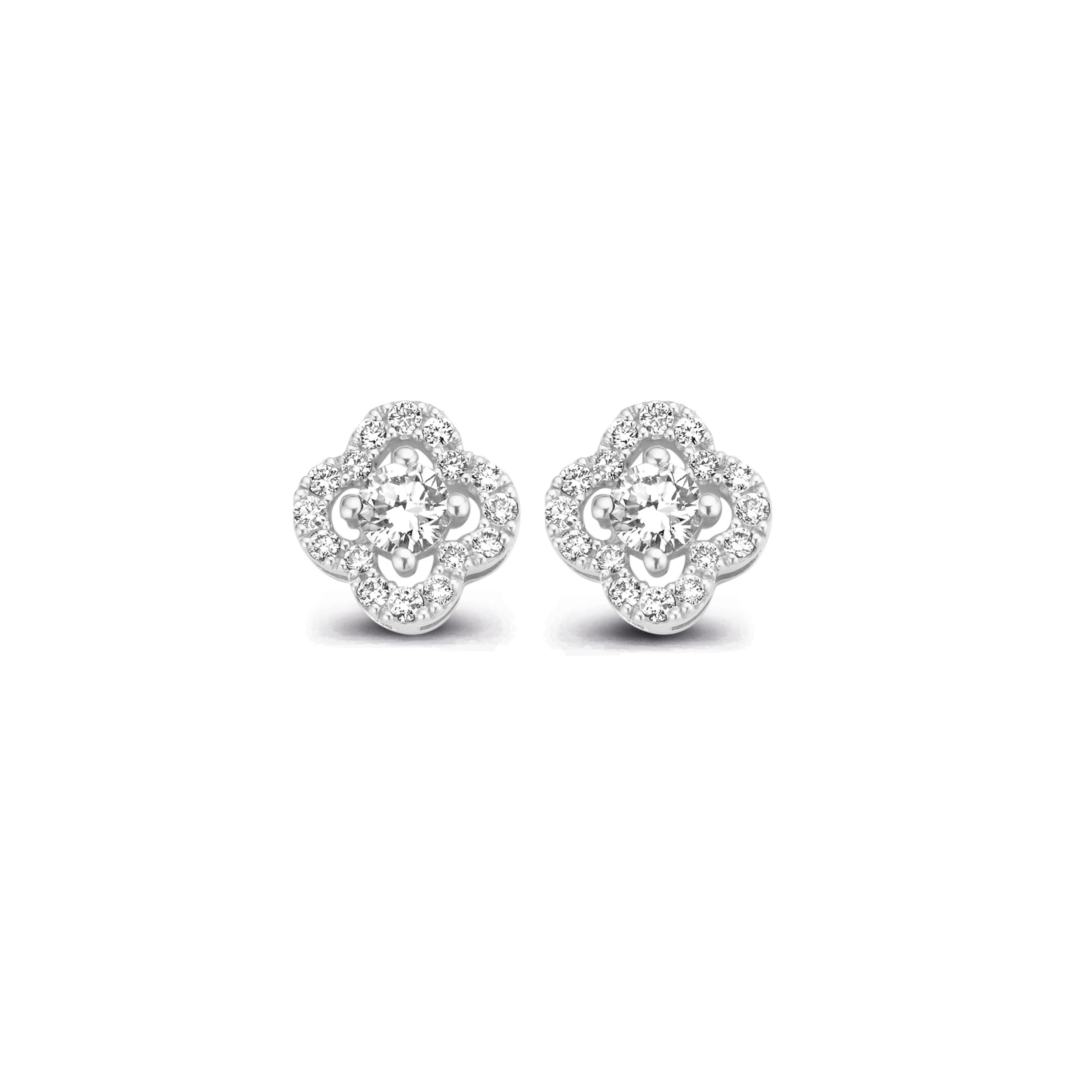 puces d'oreilles trèfle diamants, or blanc