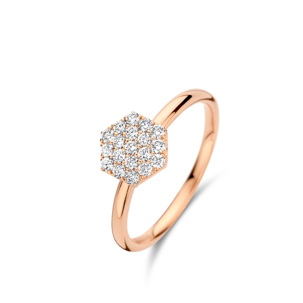 bague eolo, tête hexagonale, diamants, or rose, t 54
