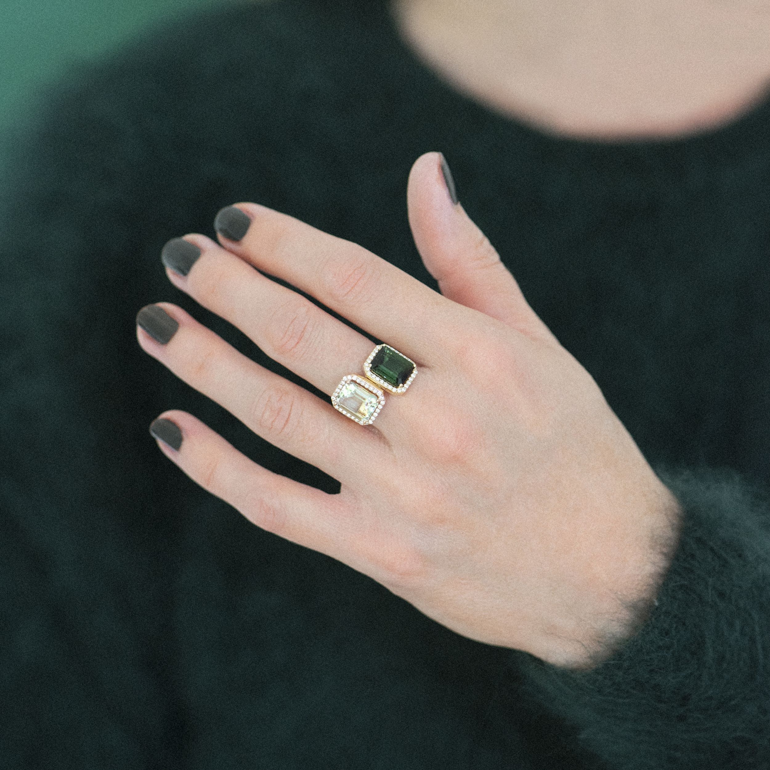 bague etna prasiolite et diamants, or rose, t 54