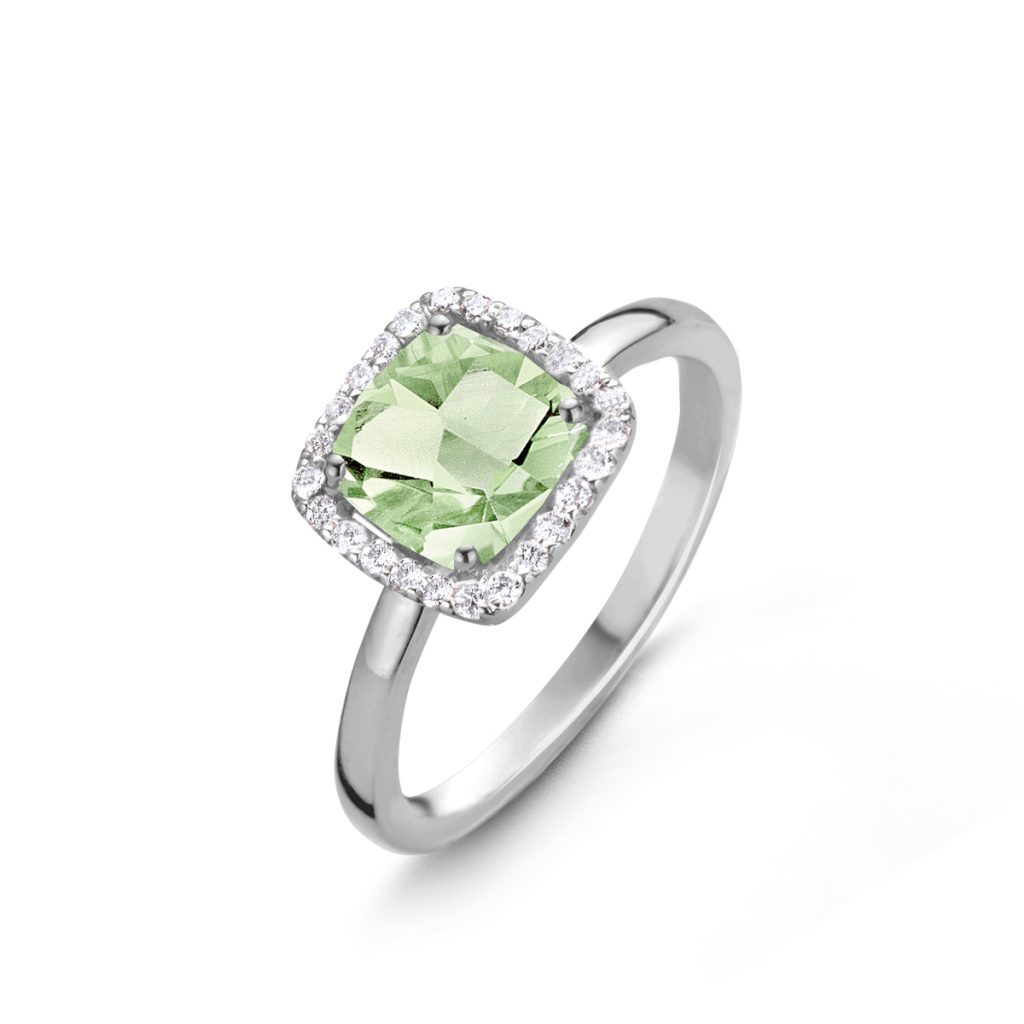 bague etna, prasiolite diamants, or blanc, t 54