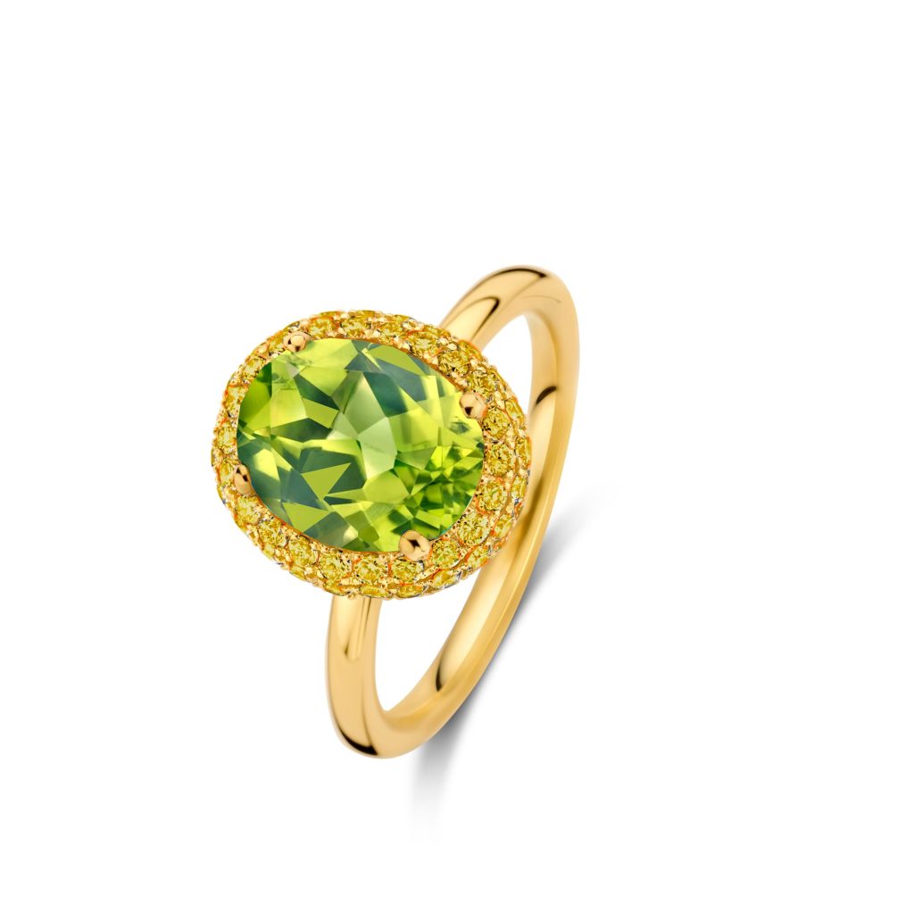 bague etna, péridot et saphirs jaunes, or jaune, t 54