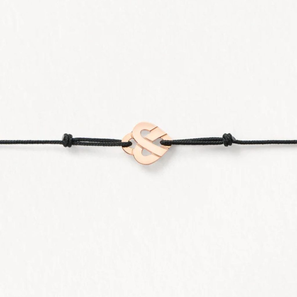 bracelet coeur entrelacé cordon noir, or rose