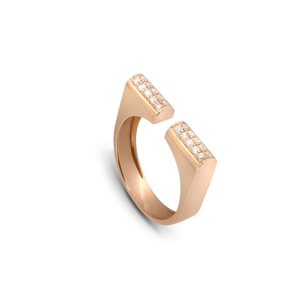 bague bombée ouverte, pavée diamants, or rose, t 54.5