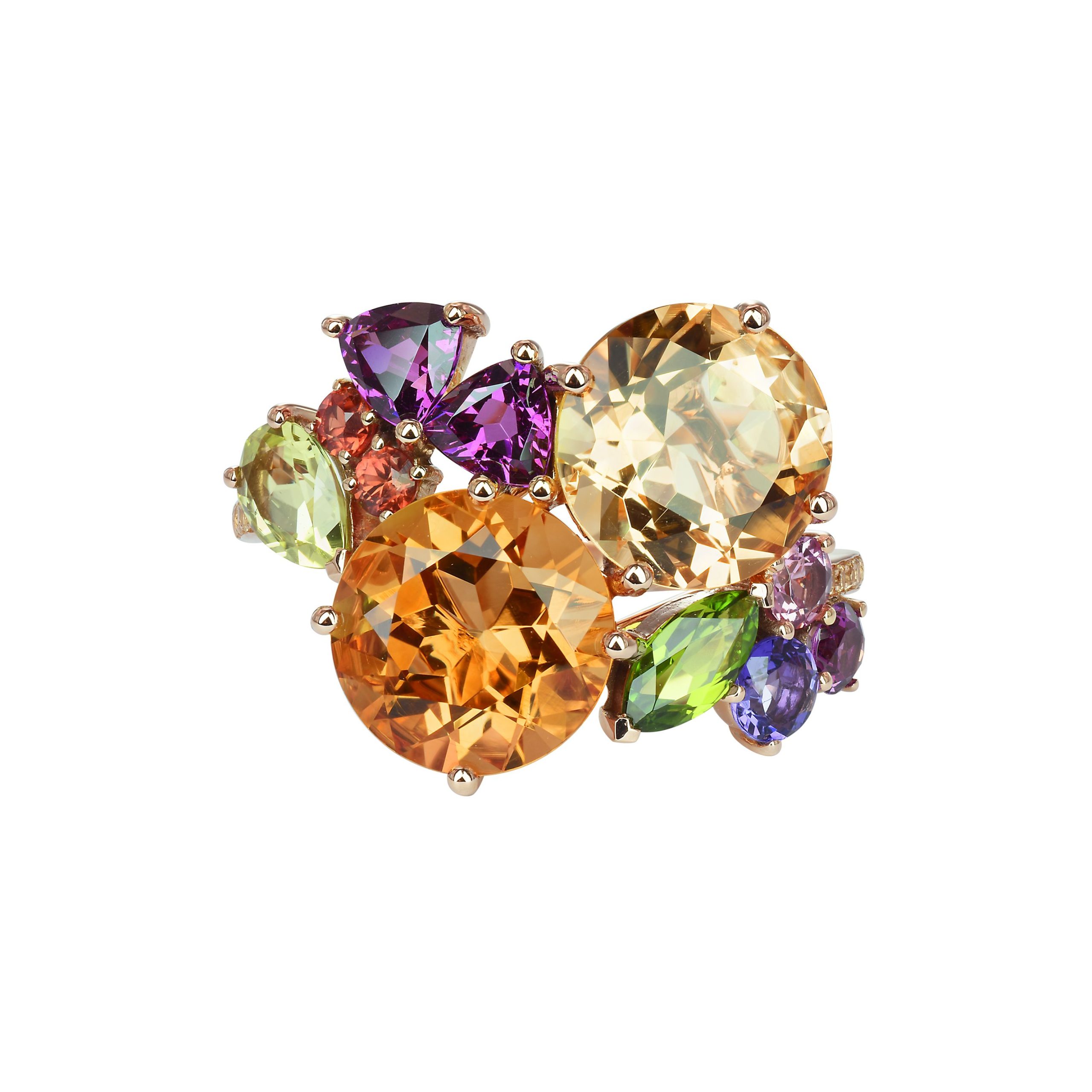 bague eden citrines, diopsine, péridot, rohodolites, améthyste et saphirs jaunes, or rose, t53