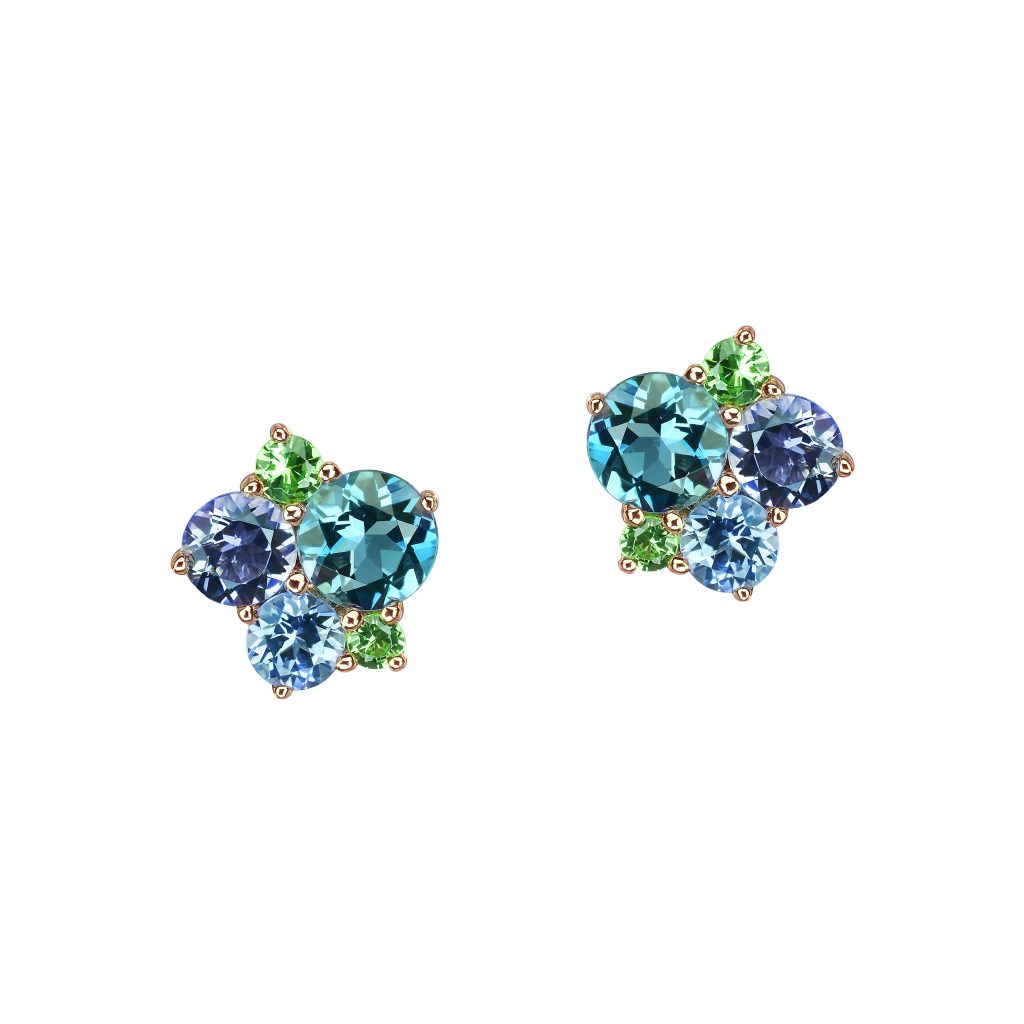 puces d'oreilles pointilliste, péridot, topaze bleu, tsavorite et saphir, or rose