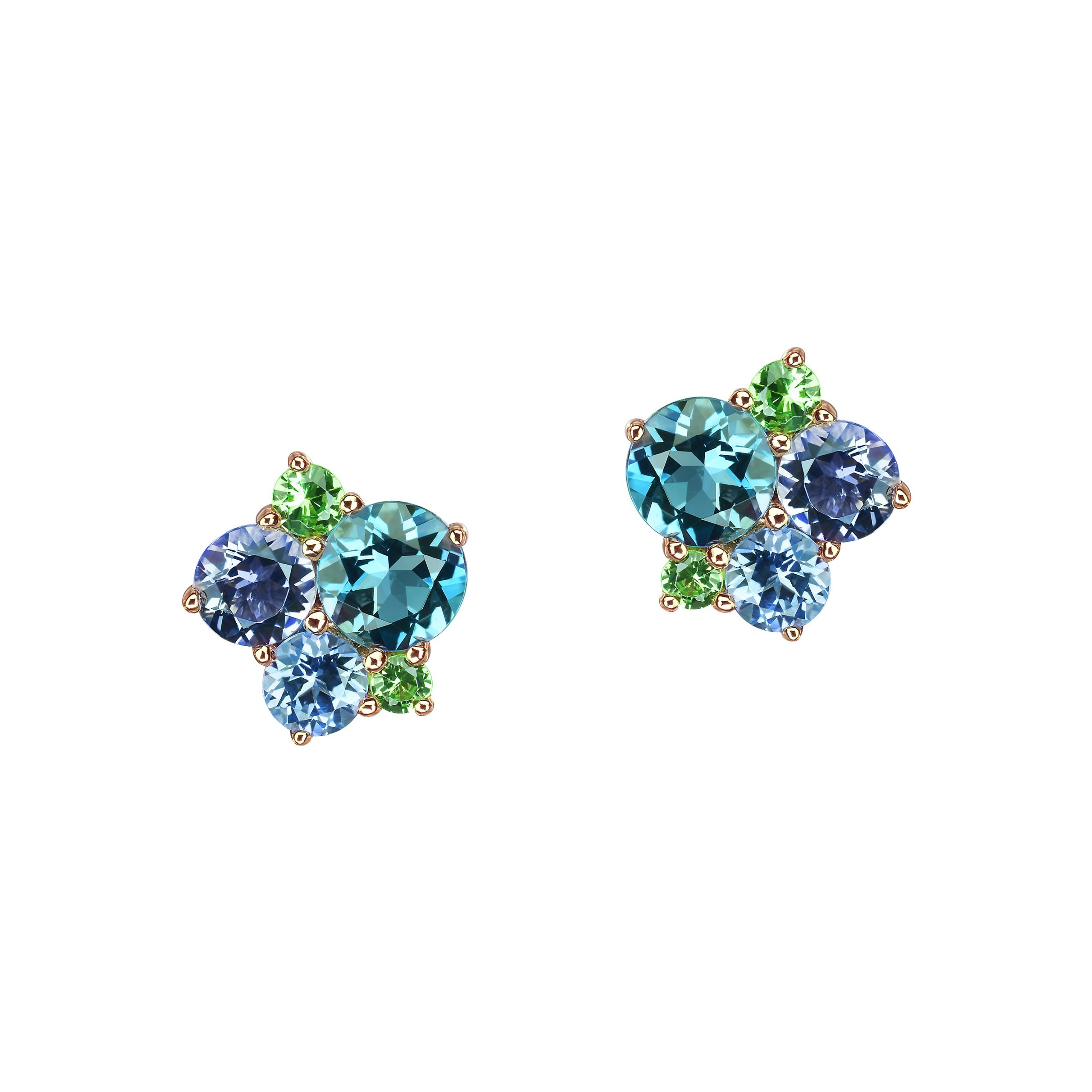 puces d'oreilles pointilliste, péridot, topaze bleu, tsavorite et saphir, or rose