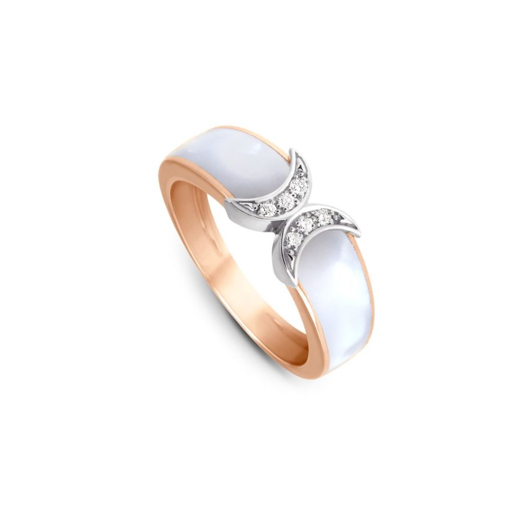 bague pont diamants, résine blanche, or rose, t 54