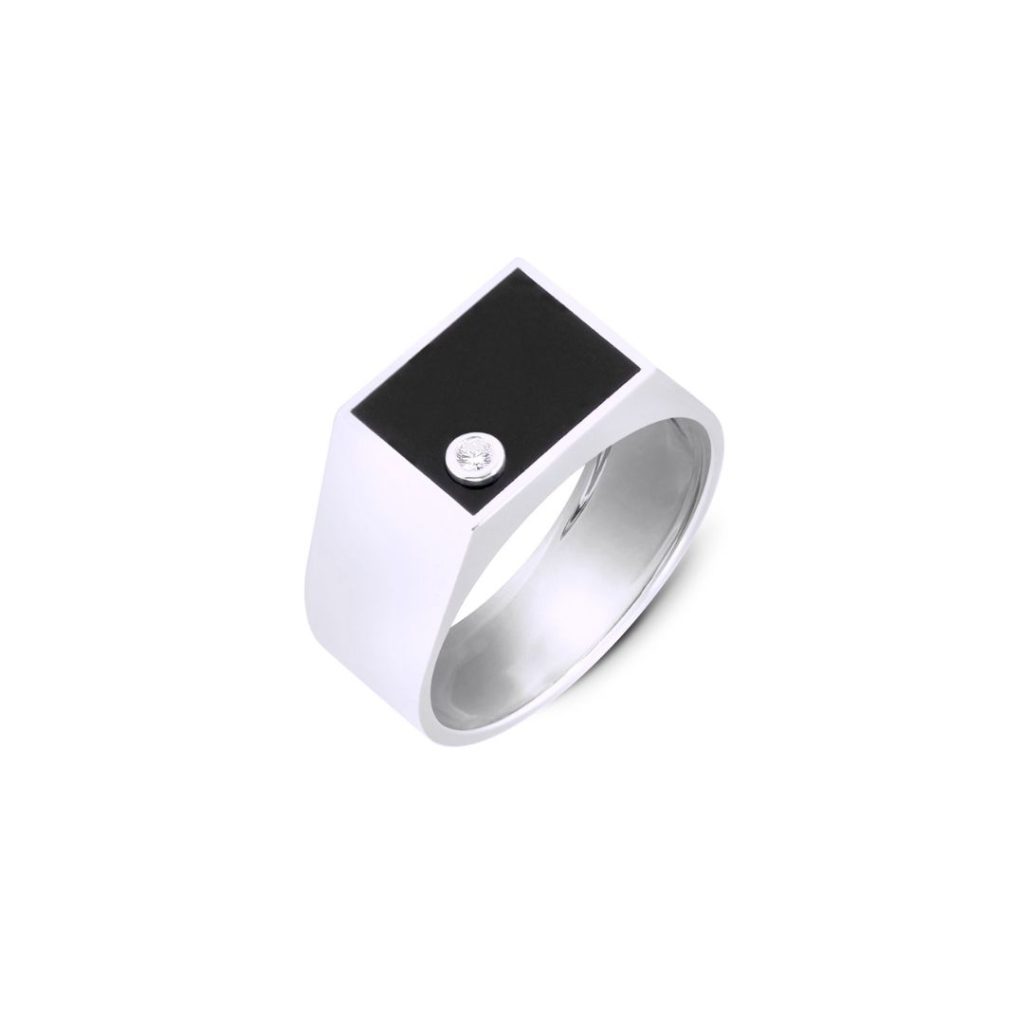 chevalière rectangle, résine noire, diamant, or blanc, t 60