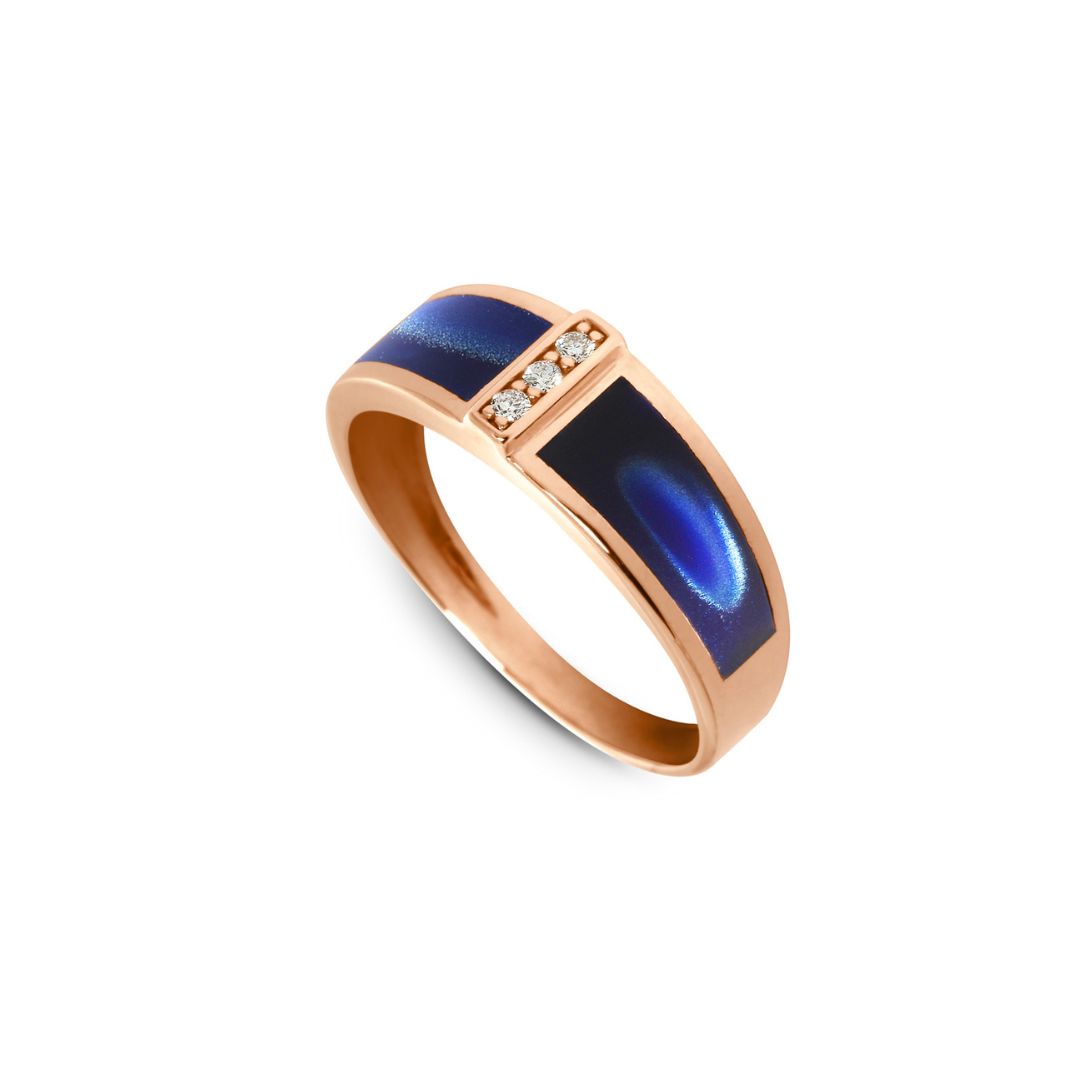 bague 3 diamants, bleu de prusse, or rose, t 54