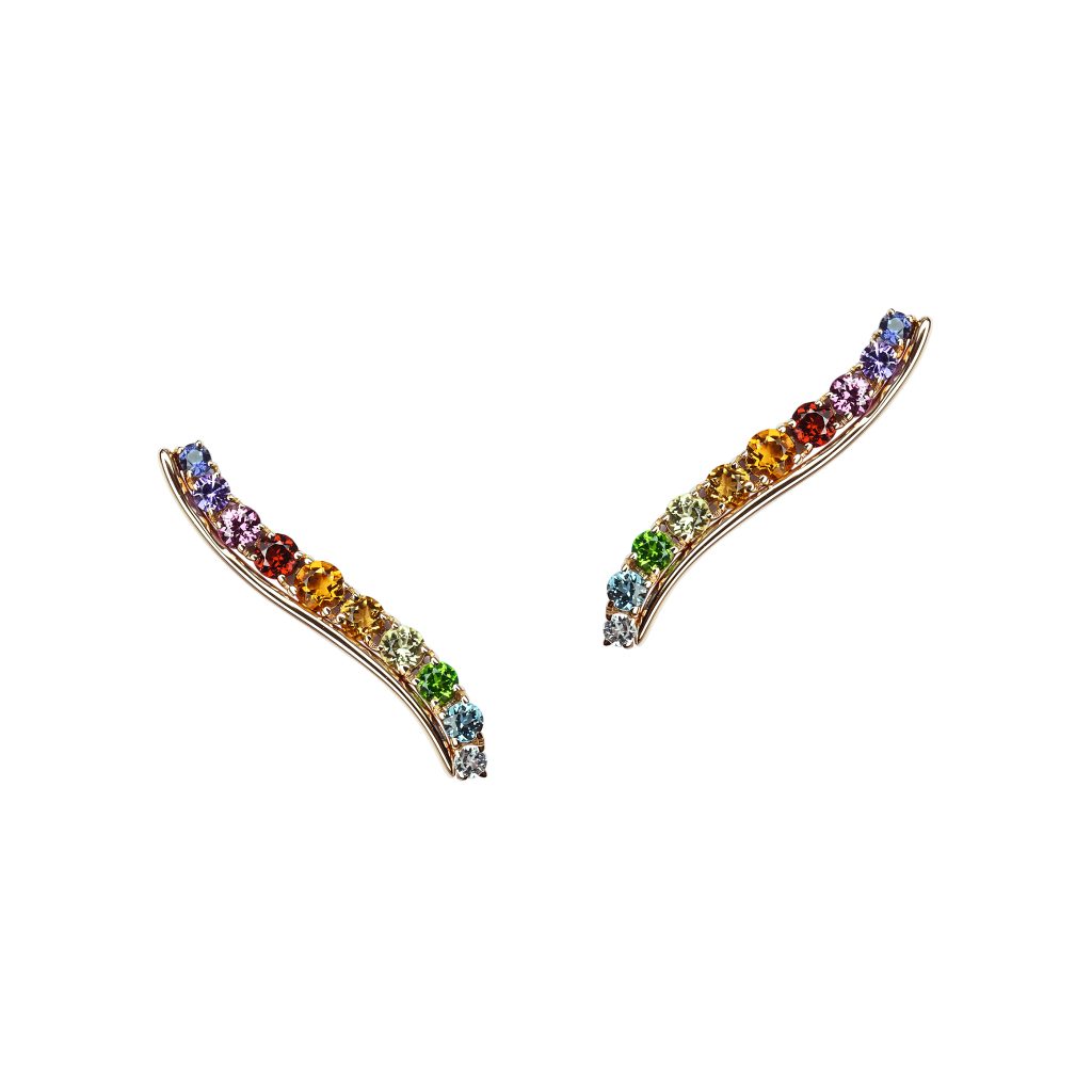 boucles d'oreilles barrette vague, multi pierres de couleur, or rose