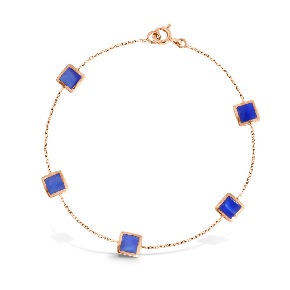bracelet 5 motifs carrés, résine bleu lapis lazuli, or rose