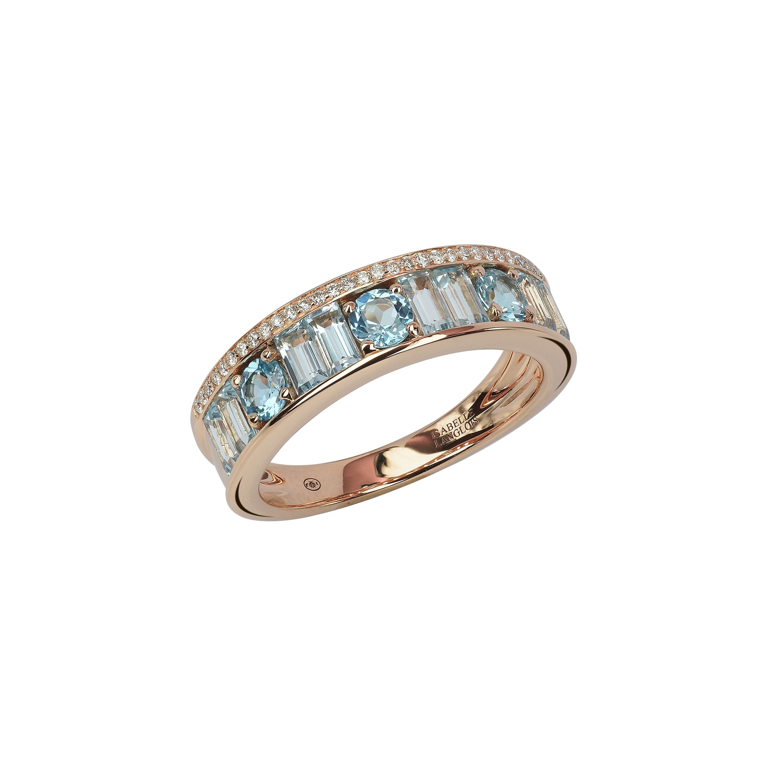 bague tissage, topaze bleu 2 tons et diamants, or rose, t 53.5