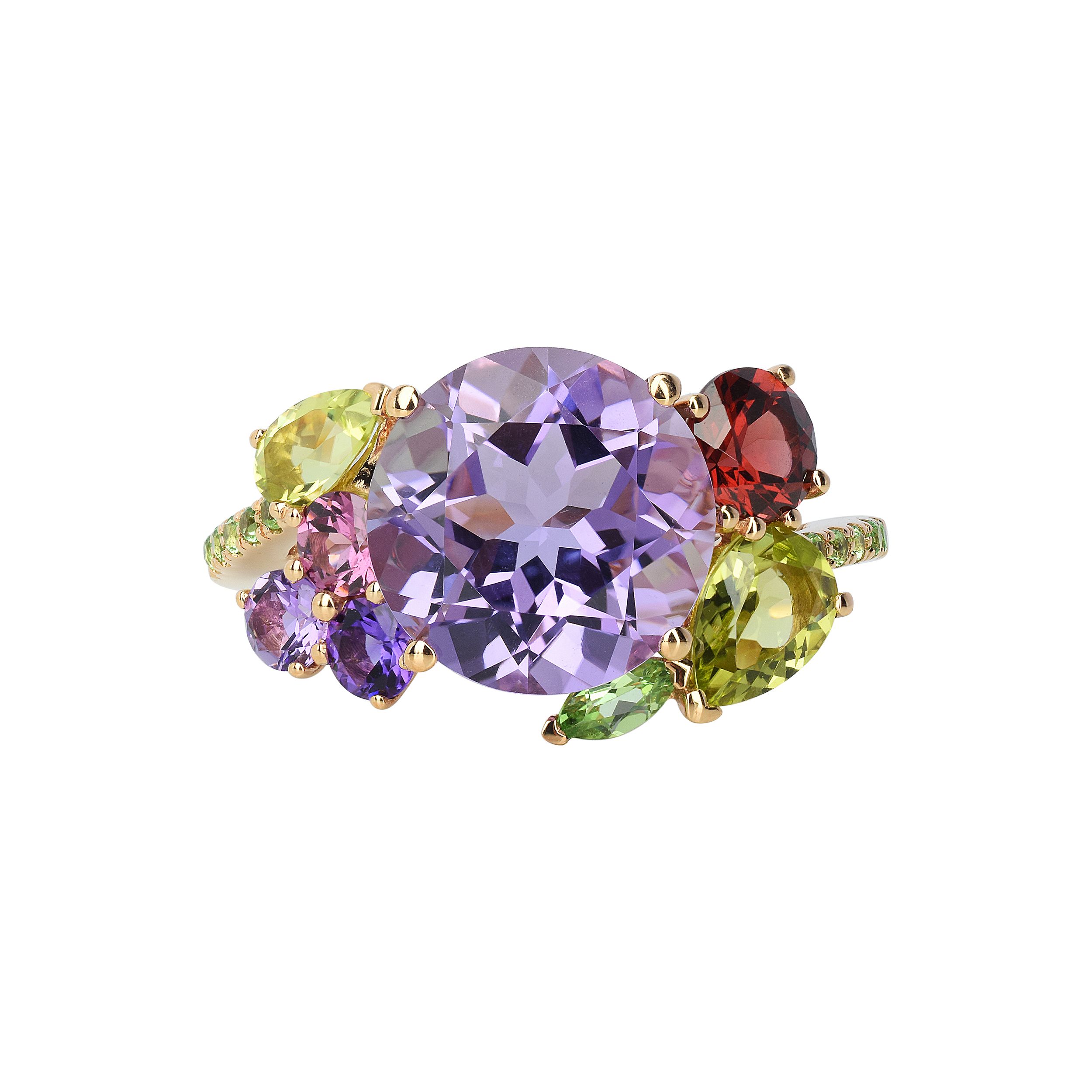 bague améthyste, péridots, grenat, rhodolite et tsavorite, or rose, t 53.5