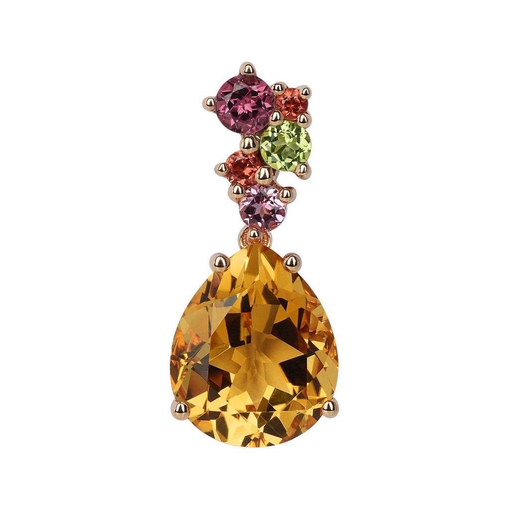 pendentif citrine poire et bélière multi pierres, or rose