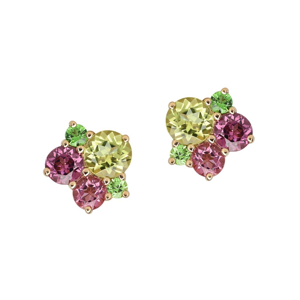 puces d'oreilles pointilliste, péridot, rhodolite, tourmaline et tsavorite, or rose