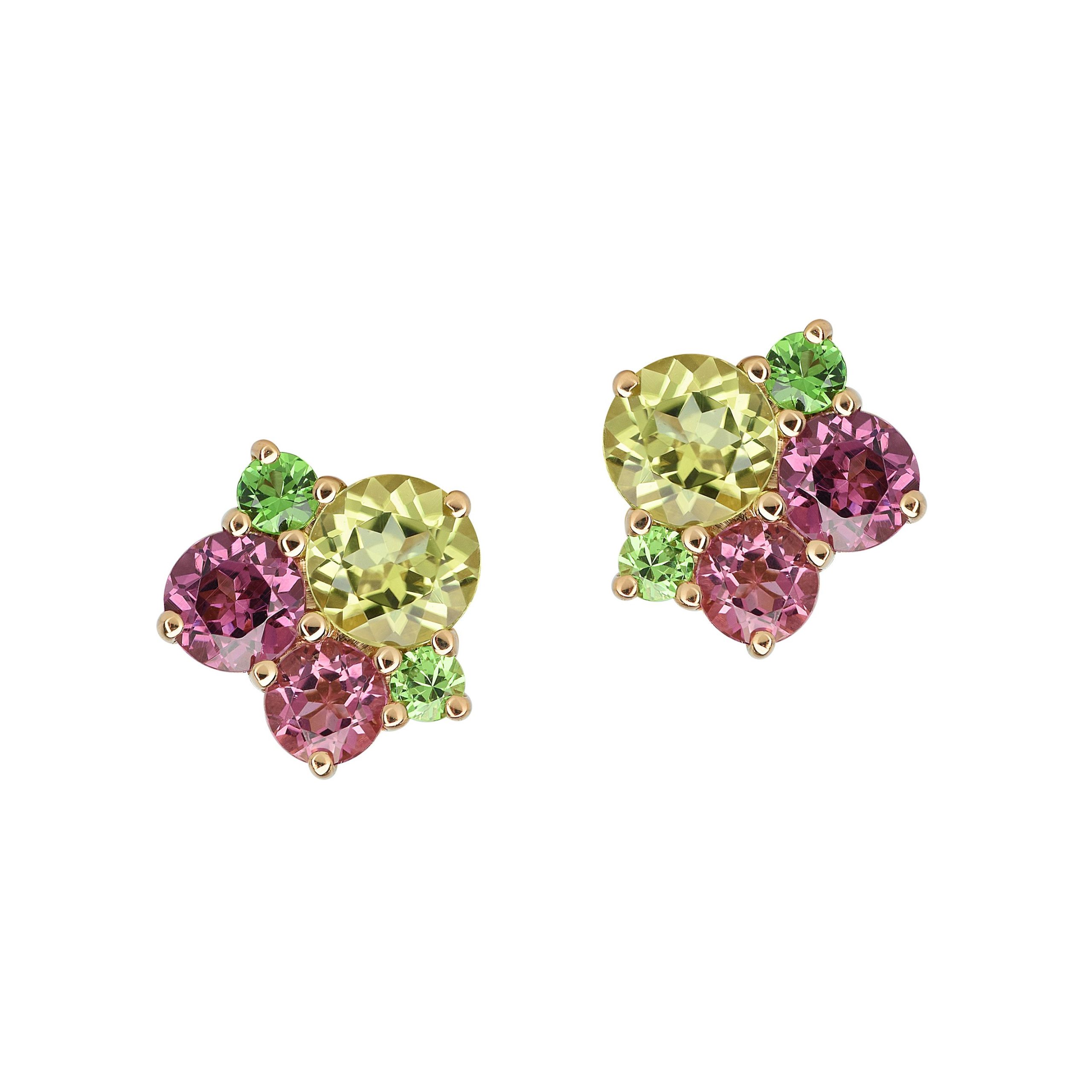 puces d'oreilles pointilliste, péridot, rhodolite, tourmaline et tsavorite, or rose