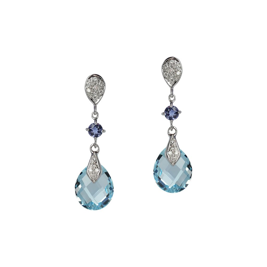 boucles d'oreilles topazes bleues, iolite et diamants, or blanc