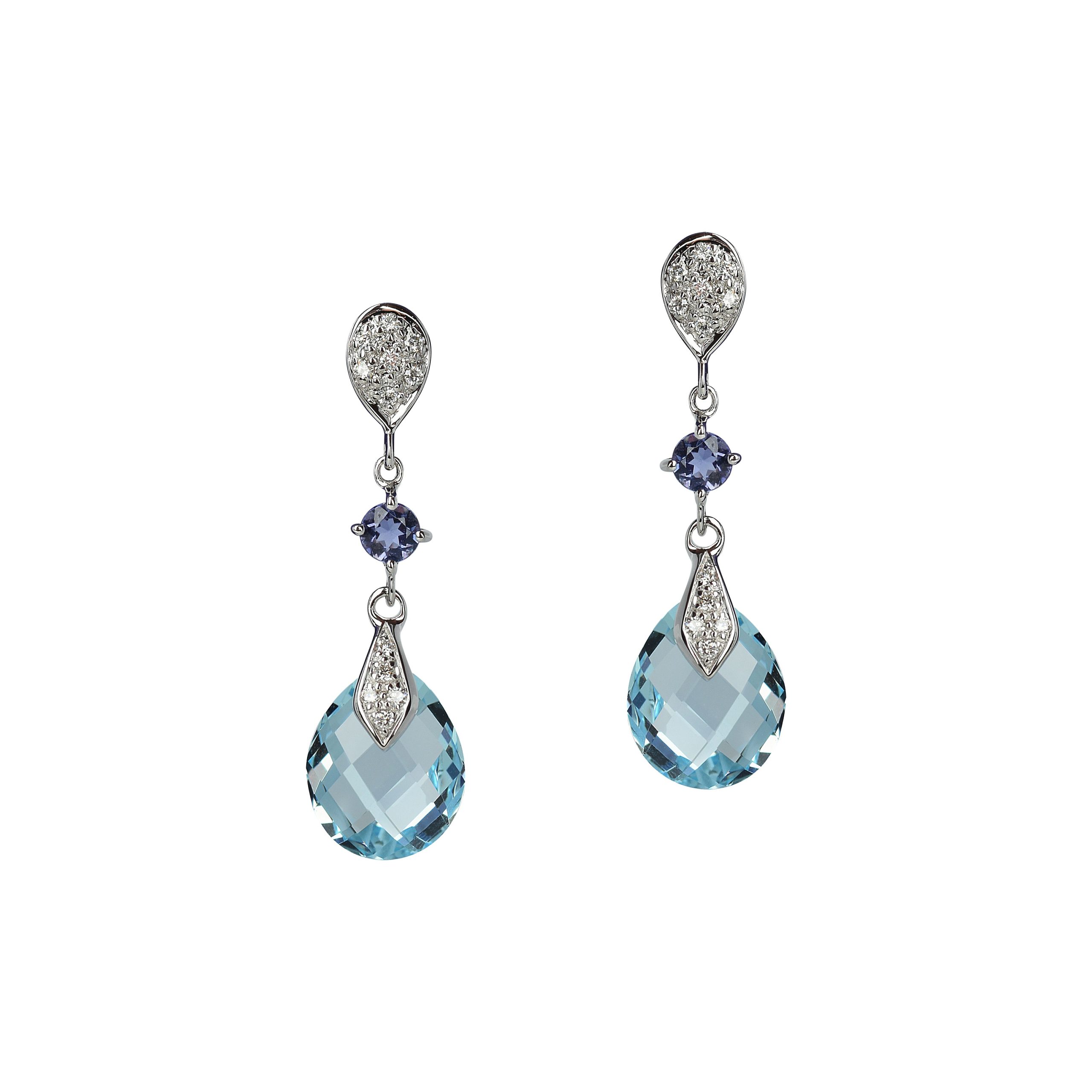 boucles d'oreilles topazes bleues, iolite et diamants, or blanc