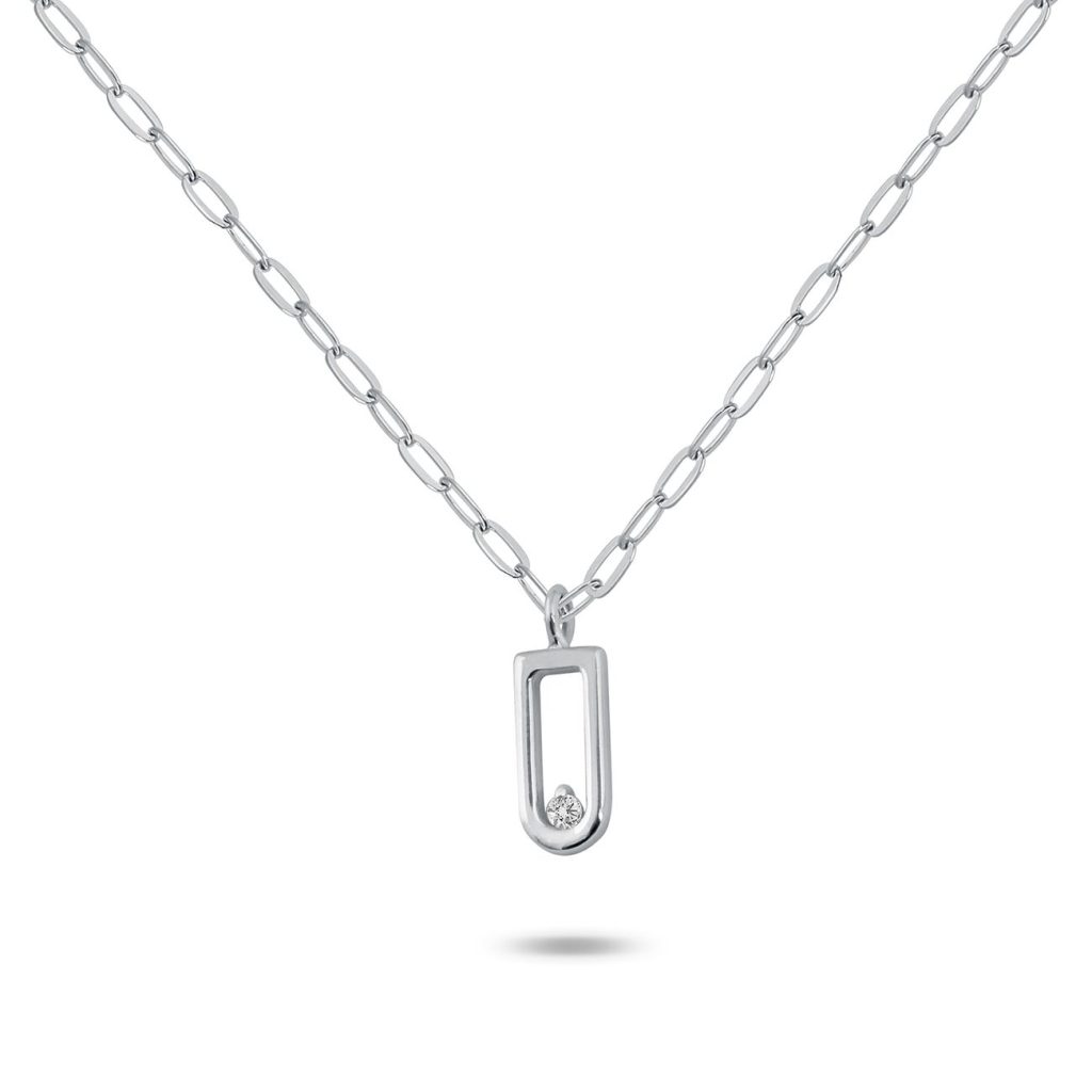 collier pendentif forme étrier, diamant, or blanc, 50 cm