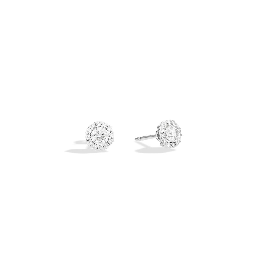 puces d'oreilles anniversary halo, diamant 0.64ct, or blanc