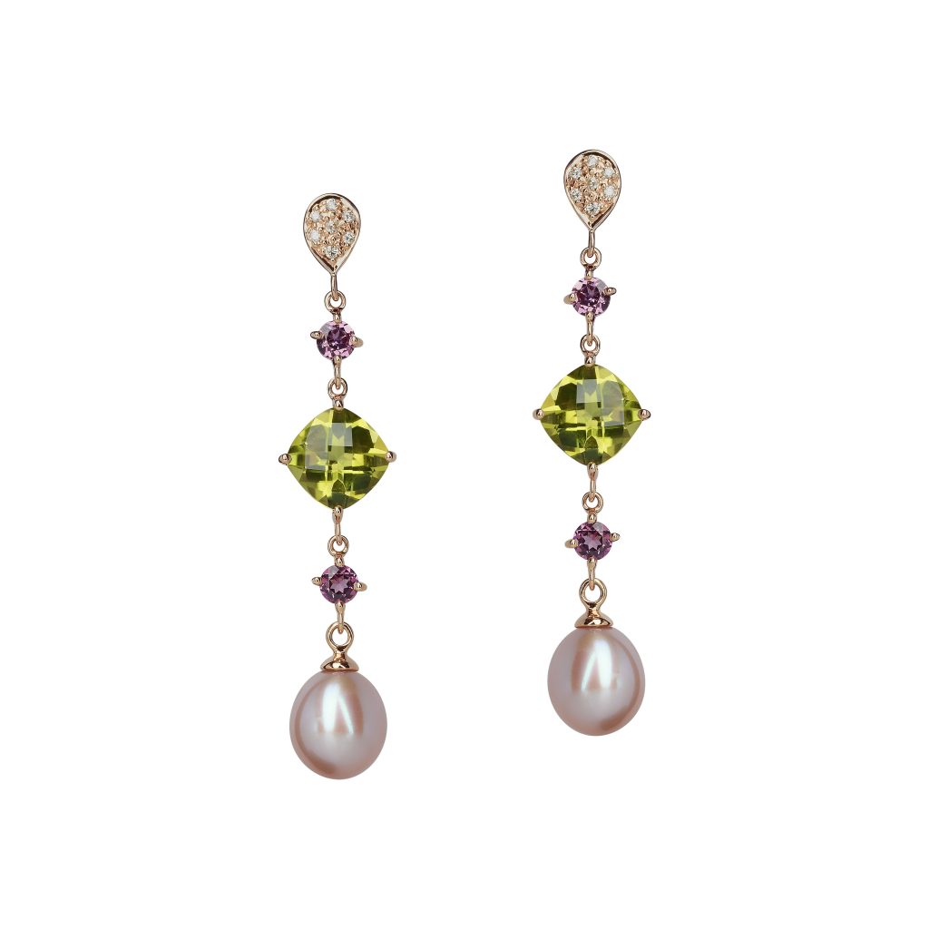 boucles d'oreilles perle, diamants, peridot et rhodolite, or rose