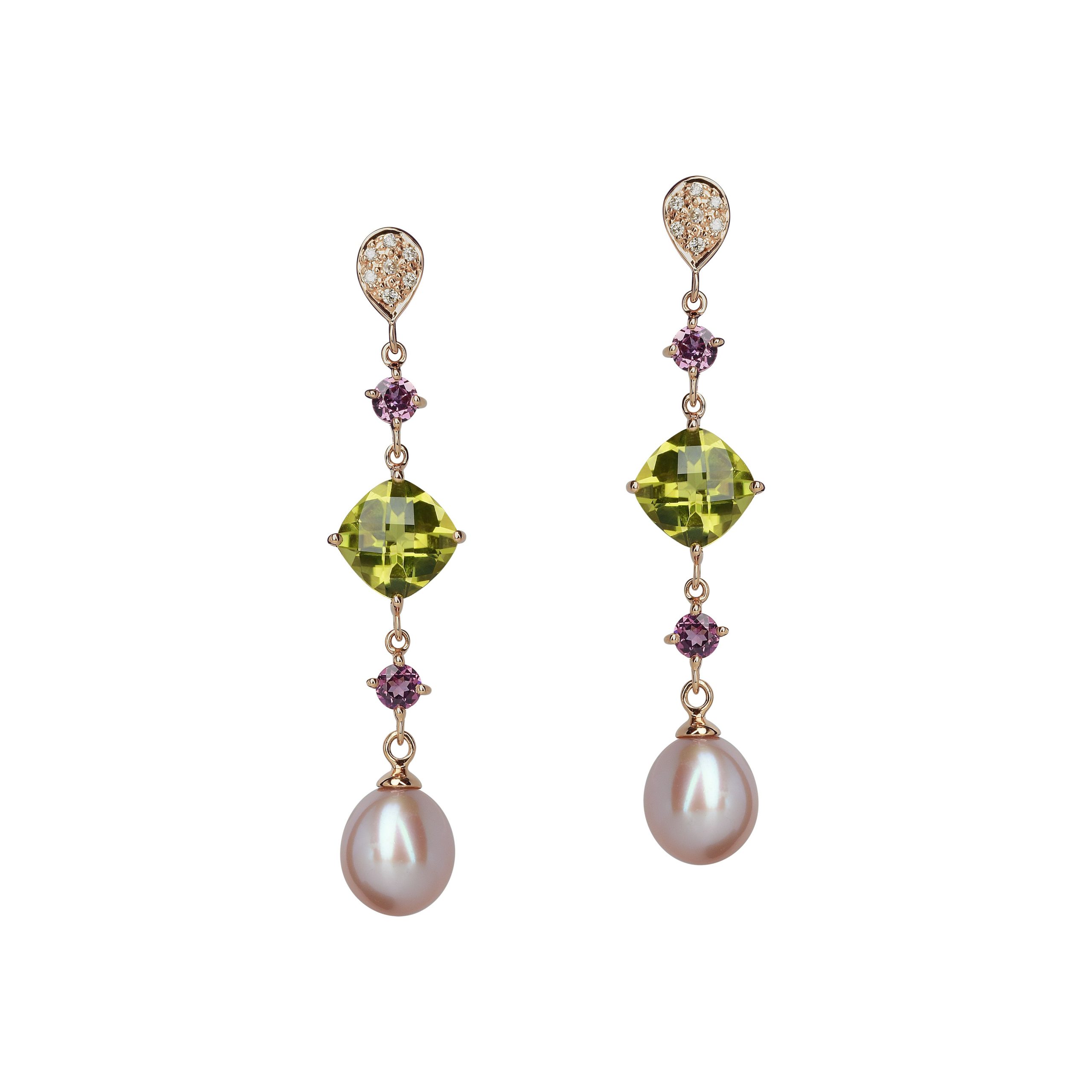boucles d'oreilles perle, diamants, peridot et rhodolite, or rose
