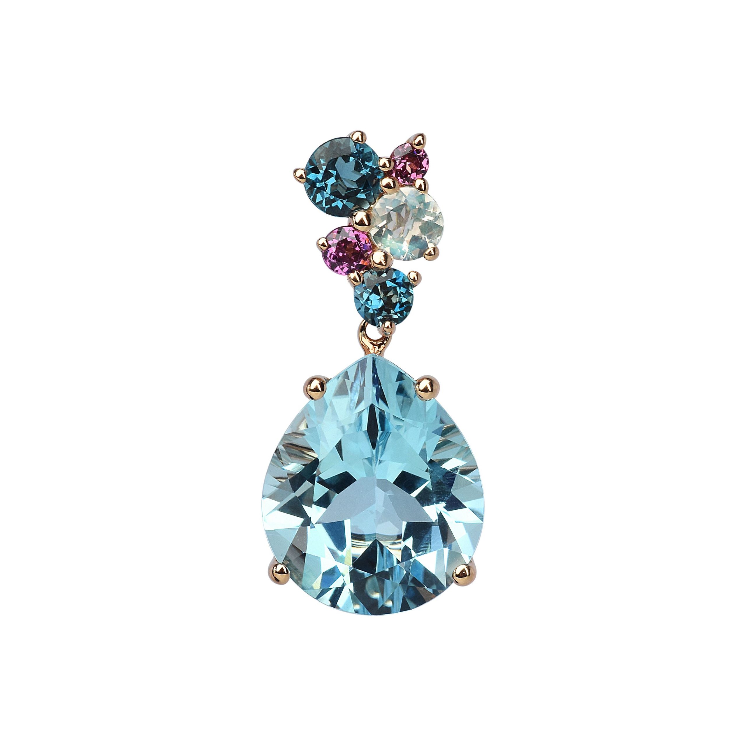 pendentif topaze bleu, pierre de lune, rhodolite et topaze london, or rose
