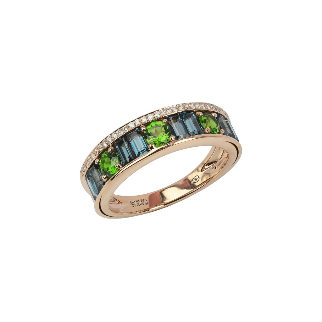 bague tissage, diopside et topaze blue london, or rose, t53