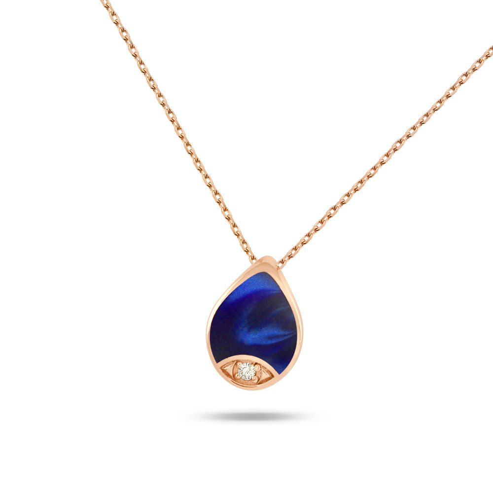 collier pendentif poire résine bleu de prusse, diamant, or rose