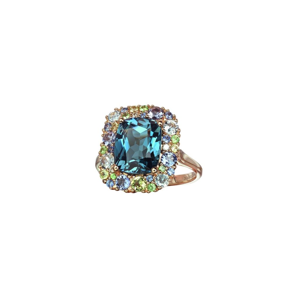 bague topaze blue london, diamants, multi pierres, or rose, t 53.5