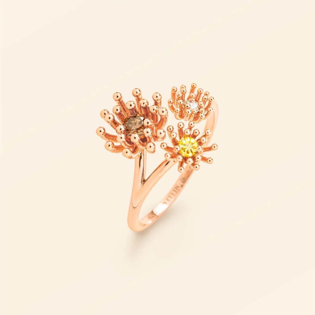 bague le petit cactus vanille 3 motifs diamants, or rose, t 52