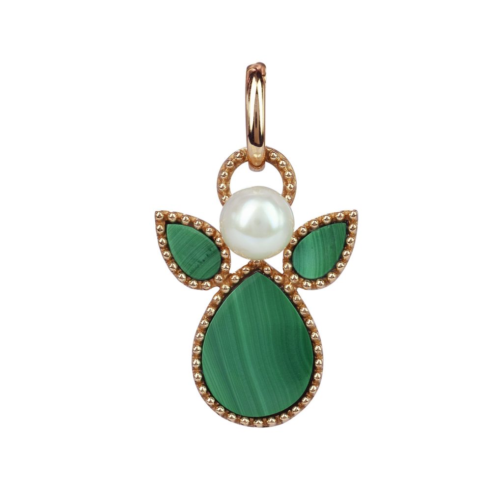 pendentif ange malachite et perle blanche, or rose