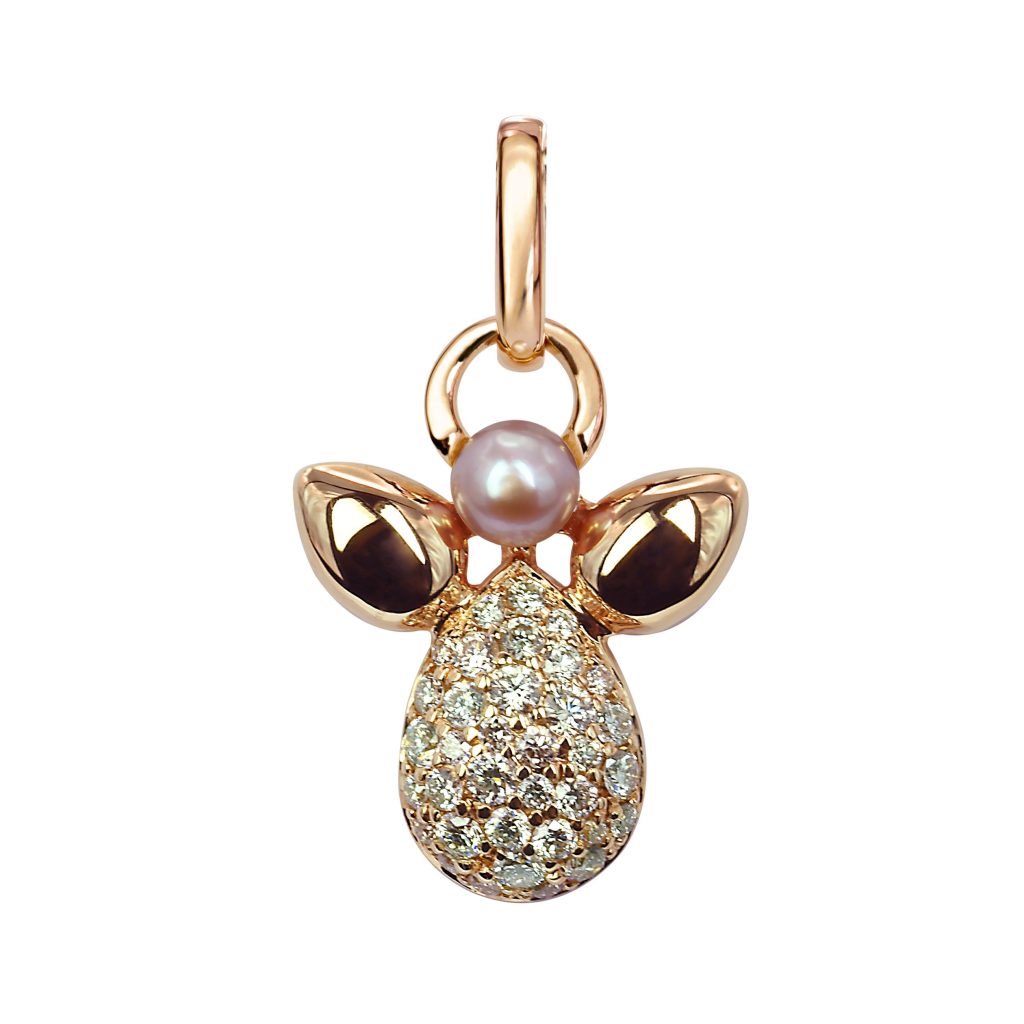 pendentif ange, corps pavé diamants et perle blanche, or rose