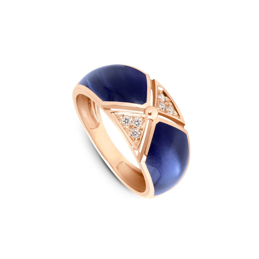 bague astra, triangles pavés diamants, bleu de prusse, or rose, t 54