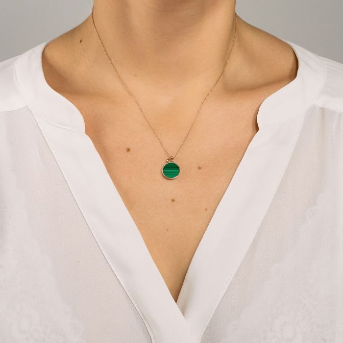 collier ever disc or rose et malachite, or rose