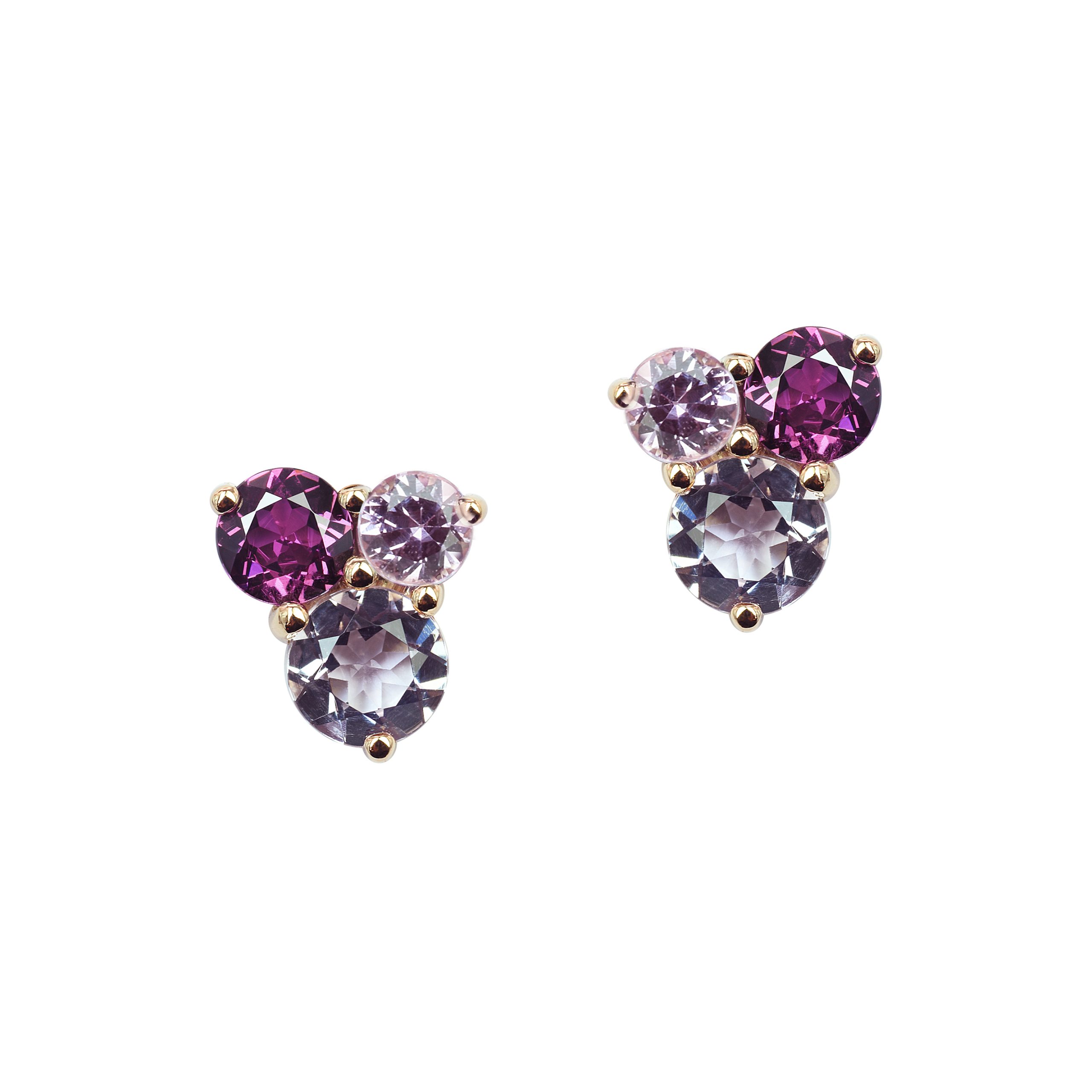 puces d'oreilles pointilliste, améthyste rose, rhodolite, améthyste, or rose