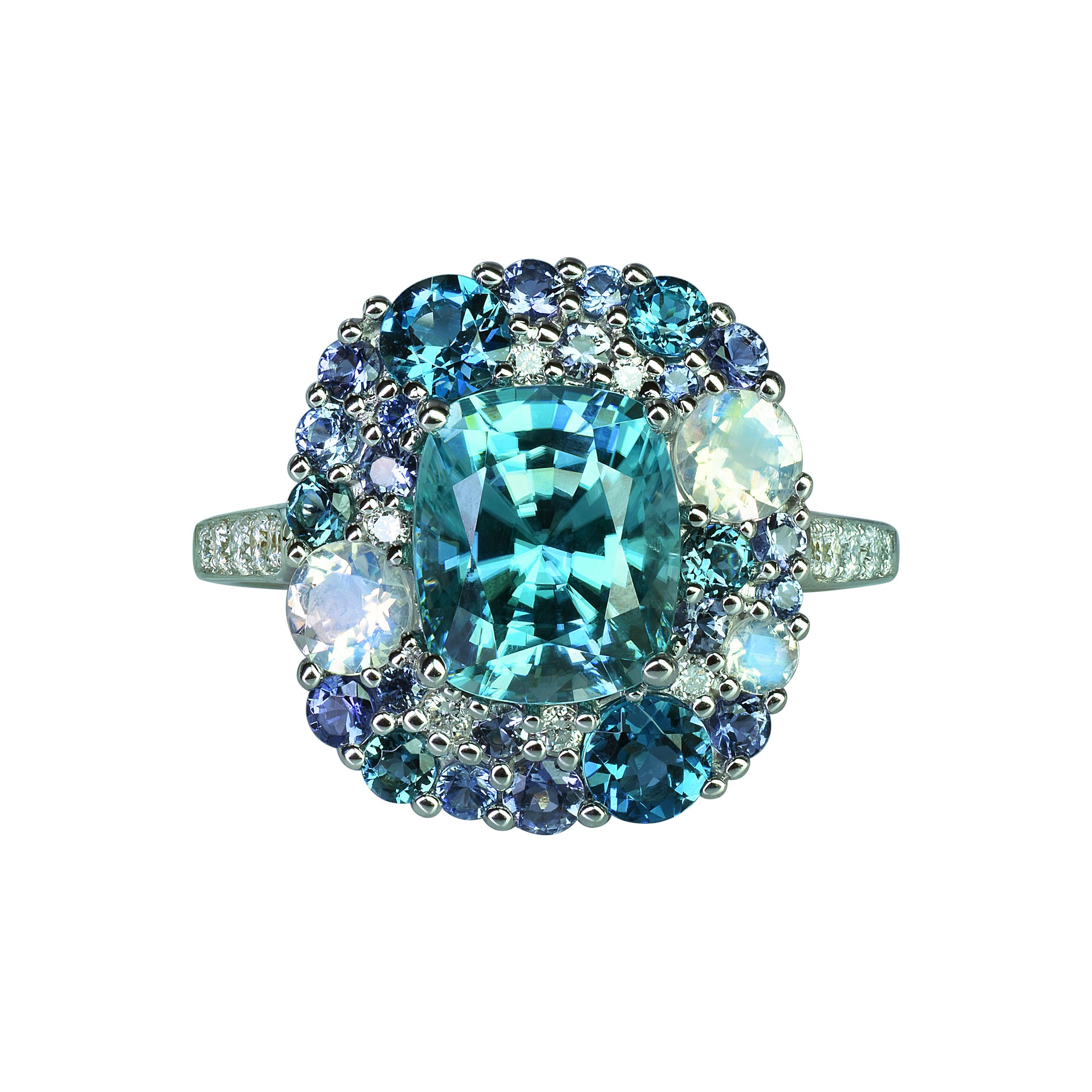 bague emotion, iolite, multi pierre et diamants, or blanc, t 53