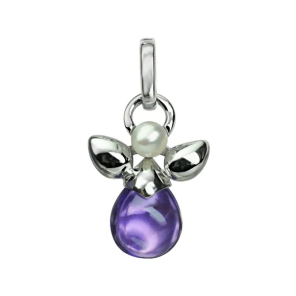 pendentif ange ariel, améthyste et perle blanche, or blanc